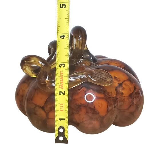 Hand Blown Glass Pumpkin Squash Brown Amber Art Glass Swirl Stem 5" x 4.5" - Picture 2 of 14